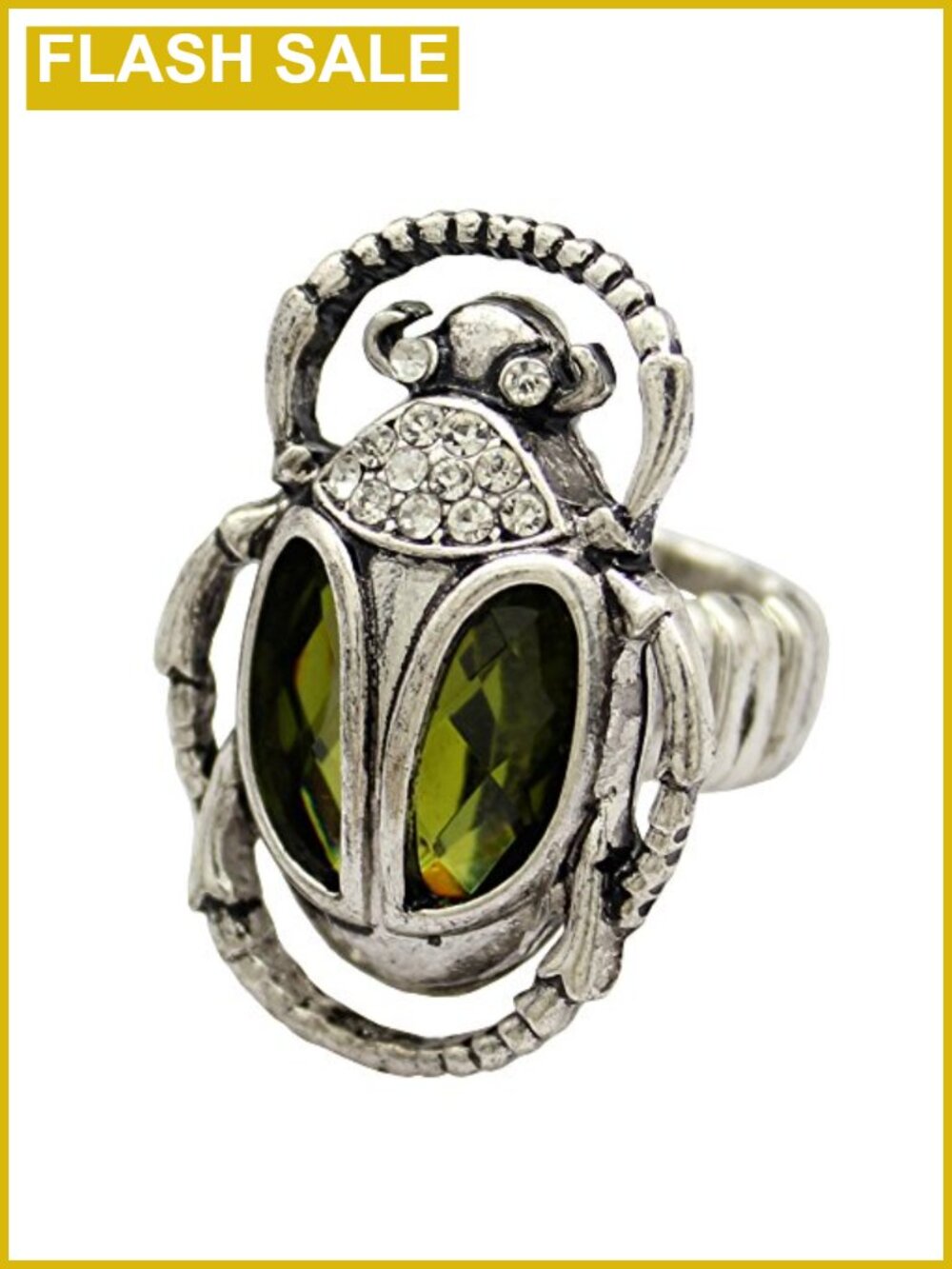 Silver Plated Vintage Egyptian Scarab Beetle Stretch Ring Green Rhinestone